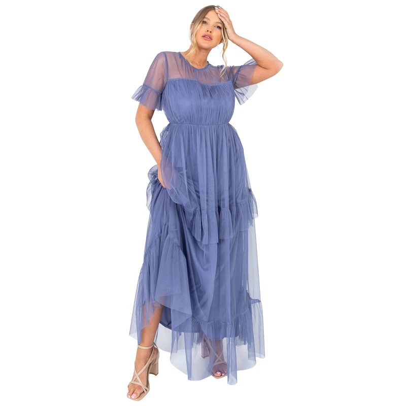 Anaya with Love Ladies Maxi Dress for Women Mesh Tiered Back Keyhole Mesh Short Sleeve Ruffle for Wedding Guest Prom Ball Evening Gown Size 8 Iris Blue - Image 1