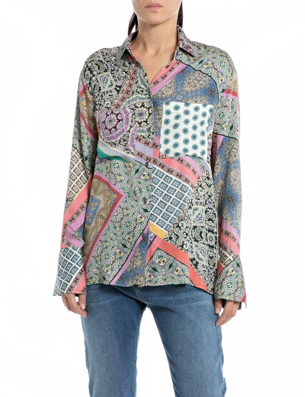 REPLAY Adult W2121 All Over Printed Viscose Satin Blouse, Black/Multicolor 010, XXS