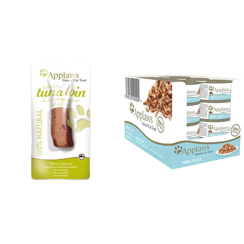 Applaws 100% Natural Cat Treats, Whole Tuna Loin Cat Snack, 30g Pouch (Pack of 12) & 100% Natural Wet Cat Food 70g Tuna Fillet 24 x 70g Tins