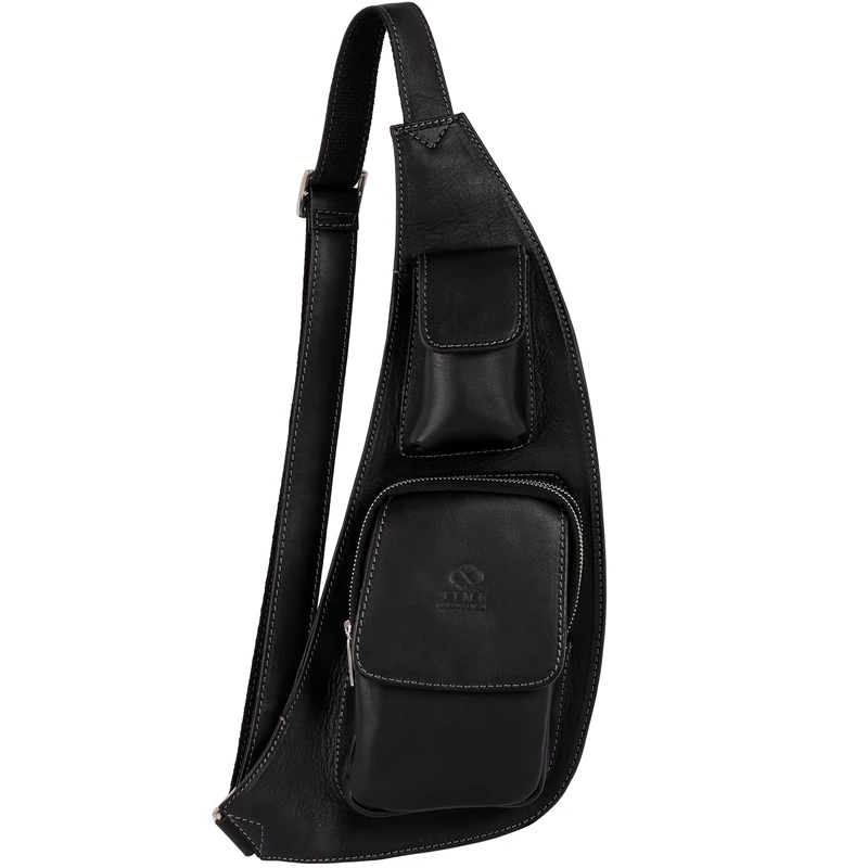 Time Resistance Black Genuine Leather Sling Bag for Men and Women