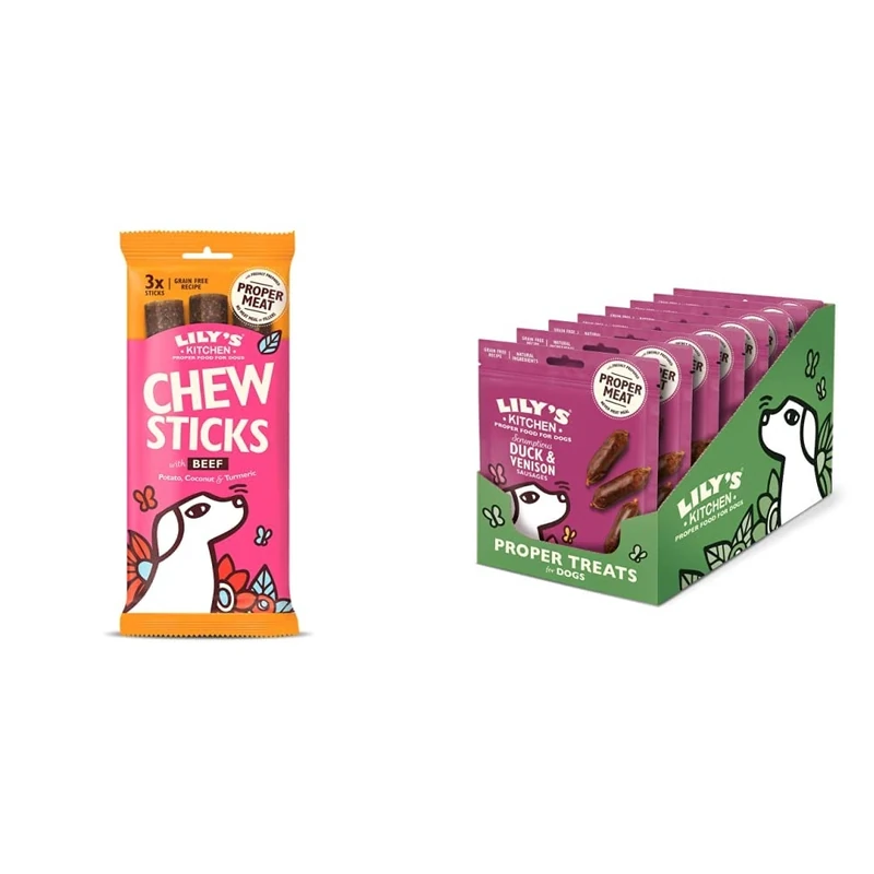 Lily's Kitchen Chew Sticks with Beef - Natural Dental Dog Treats 10 x 3 Chews & Scrumptious Duck and Venison Sausages Dog Treat (8 x 70 g)
