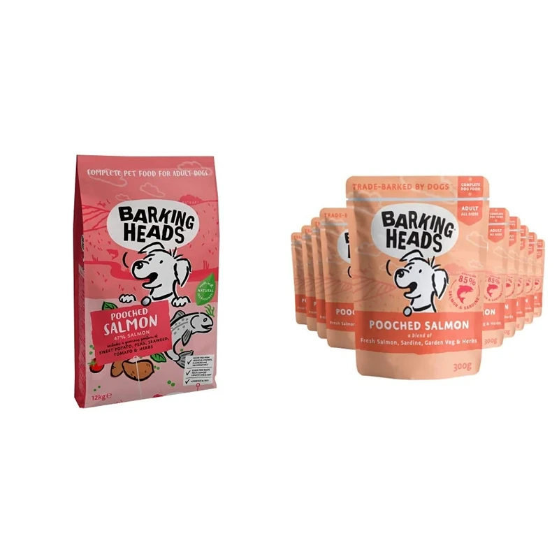 Barking Heads 12kg Dry Dog Food - Pooched Salmon & 10 x 300g Wet Dog Food - 100% Natural Scottish Salmon - Good for Healthy Skin & Coat - Grain-Free - Immune Support