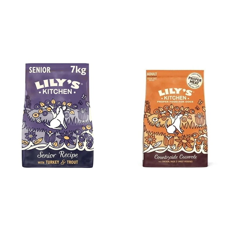 Lily's Kitchen Senior Recipe Turkey & Trout Natural Grain Free Complete Dry Dog Food (7 kg) & Chicken and Duck Countryside Casserole - Grain Free Adult Dry Dog Food (7 kg)