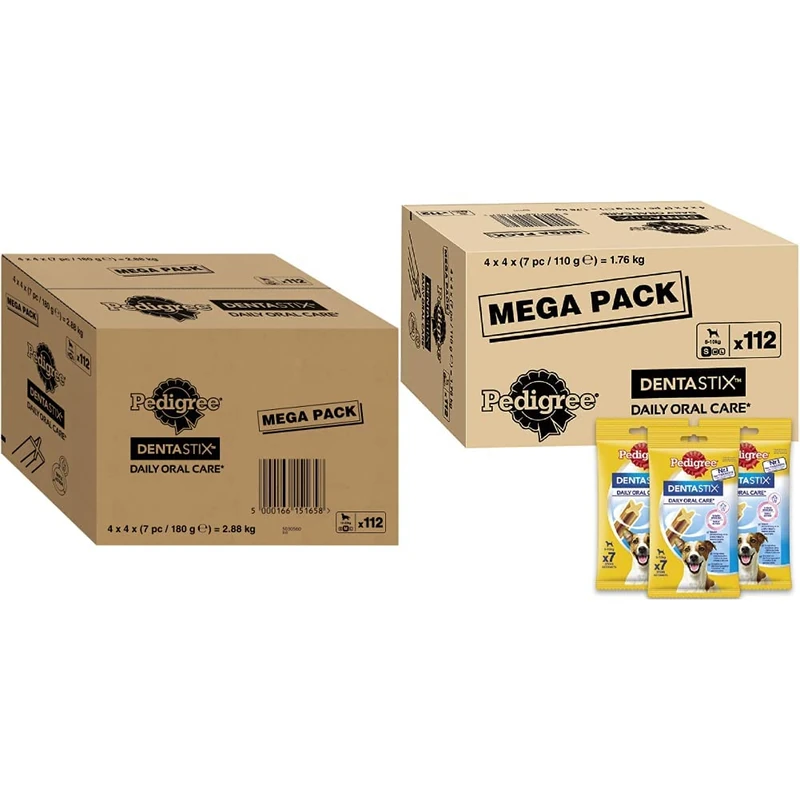 Pedigree DentaStix - Daily Dental Chews For Medium Dogs (10-25 kg), 2.88 kg (1 x 112 Sticks) & DentaStix - Daily Dental Chews For Small Dogs (5-10 kg), 1.76 kg megapack (1 x 112 Sticks)