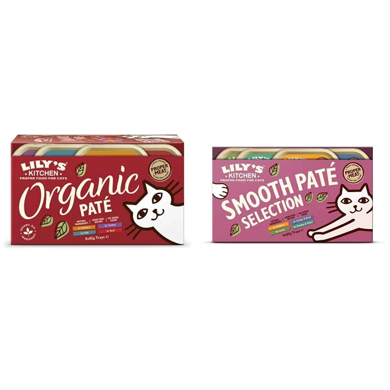 Lily's Kitchen Organic Pate Multipack - Grain Free Adult Wet Cat Food (4 Packs x 8 Trays x 85g) & Everyday Favourites Pate - Adult Wet Cat Food (4 Packs x 8 Trays x 85 g)