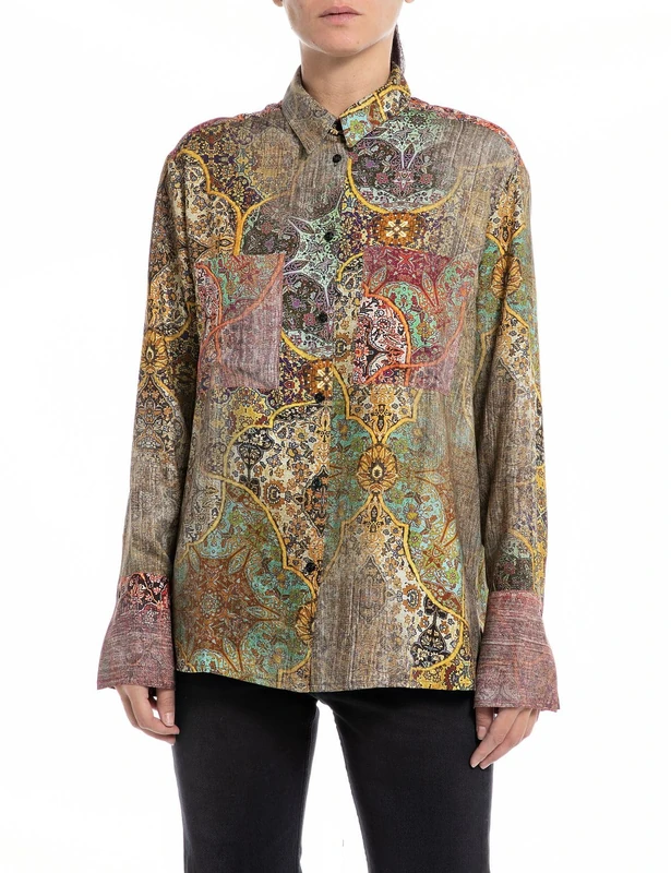 REPLAY Women's W2121 Mix All Over Printed Viscose Fabric Blouse, 010 Multicoloured, M