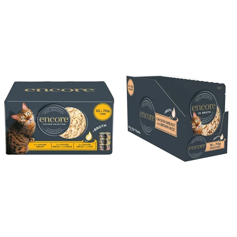 Encore 100% Natural Wet Cat Food Multipack Chicken Selection in Broth (Pack of 32 x 70g Tins) & 100% Natural Wet Cat Food, Chicken Breast with Brown Rice, 70g Pouch (16 x 70g Pouches)