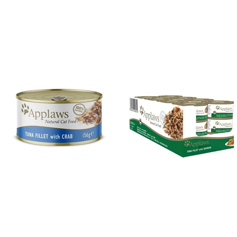 Applaws 100% Natural Wet Cat Food, Tuna Fillet with Crab Tins Beige, 156g - 24 Count & 100% Natural Wet Cat Food, Tuna Fillet and Seaweed in 156 g Tin (Pack of 24)