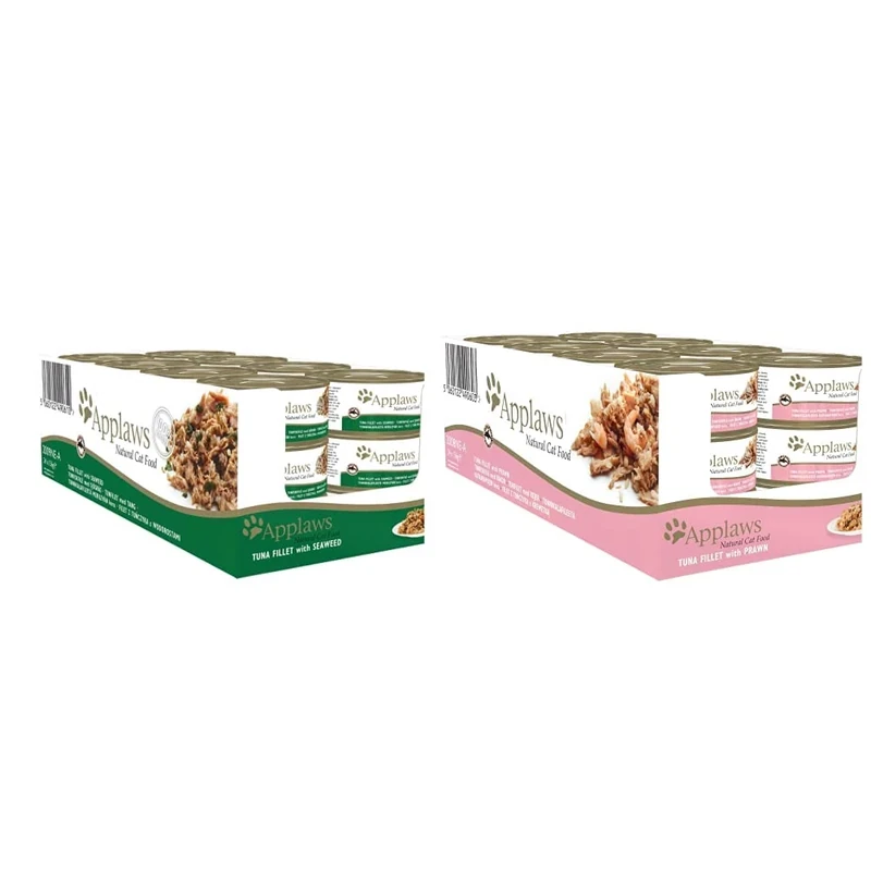 Applaws 100% Natural Wet Cat Food, Tuna Fillet and Seaweed in 156 g Tin (Pack of 24) & 100% Natural Wet Cat Food, Tuna Fillet with Prawn, 156g (Pack of 24)