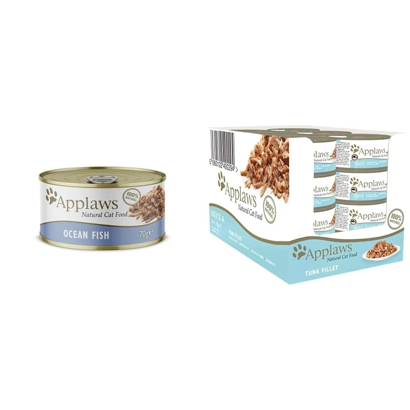 Applaws 100% Natural Wet Cat Food, Ocean Fish In Broth, 70 g Tin (Pack of 24) & Applaws 100% Natural Wet Cat Food 70g Tuna Fillet 24 x 70g Tins