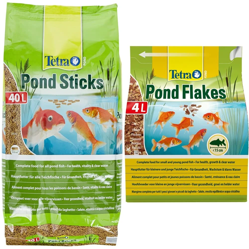 Tetra Pond Sticks, Complete Food for All Pond Fish for Health, Vitality and Clear Water, 40 Litre & Pond Flake, Complete and Varied Fish Food for Young and Small Pond Fish, 4 Litre