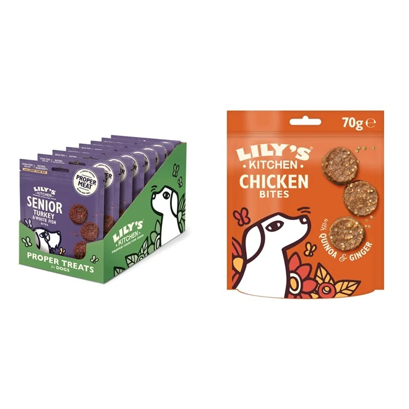 Lily's Kitchen Senior Dog Meaty Treats Grain Free Turkey & White Fish Bites (8 x 70g) & Dog Treats Chomp-Away Chicken Bites (8 x 70 g)