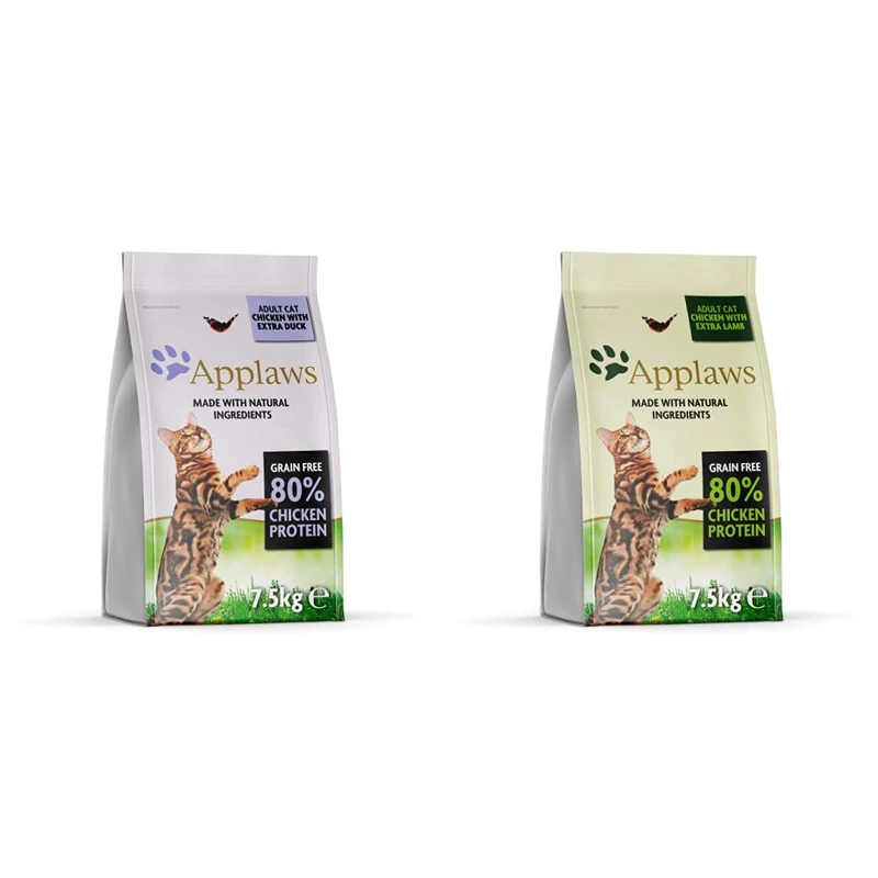 Applaws Complete Dry Food, Adult Cat, Chicken with Extra Duck, 7.5kg (Pack of 1) & Complete and Grain Free Dry Adult Cat Food, Chicken with Lamb 7.5 kg Bag