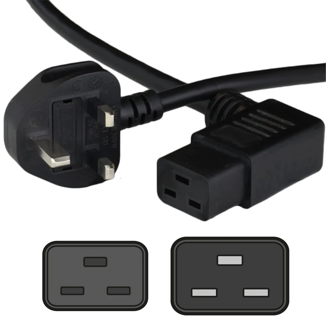 SHAFI® 3M Heavy Duty 3x1.5mm² IEC C19 Right Angle Power Cable for C20 Inlet - Mains AC Power Cord Server Computer PDU UPS Amplifier Gaming PC Network Hospital Equipment Power Lead 3 Pin UK Plug - 3M