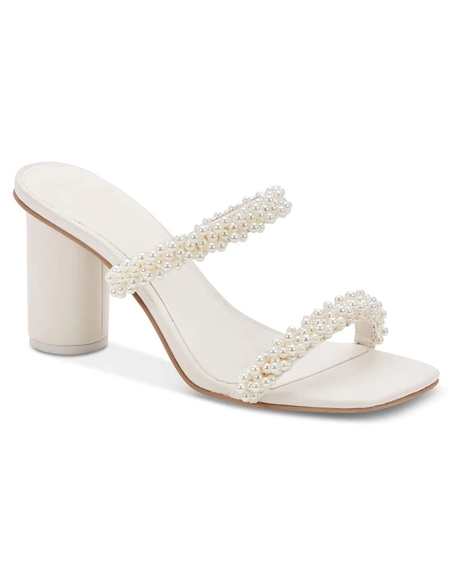 Guayonng Womens Chunky Heeled Sandals Pearl Strappy Open Square Toe Slip-on Block Heels Backless Mules Shoes, White, 4 UK - Image 1