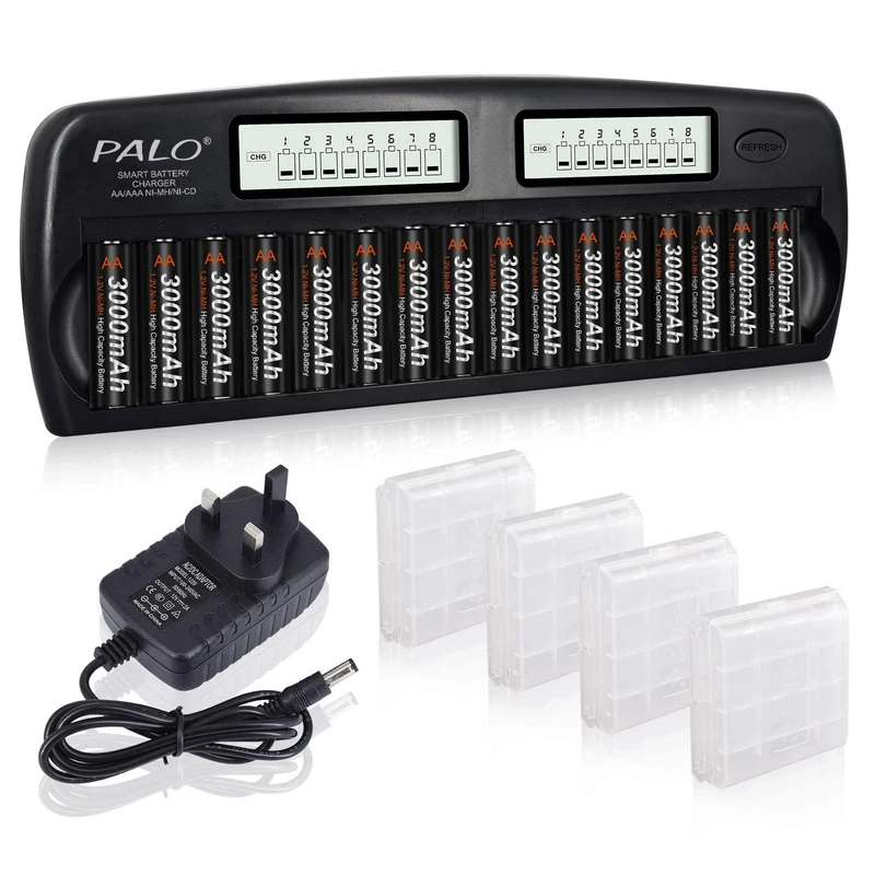 CITYORK 16 Slots Battery Charger Kit With 16 Pack AA 3000mAh Low Self Discharge Ni-MH Double A Batteries, For AA/AAA NiMH/NiCd Household Rechargeable Batteries with Refresh Function & AC Wall Charger