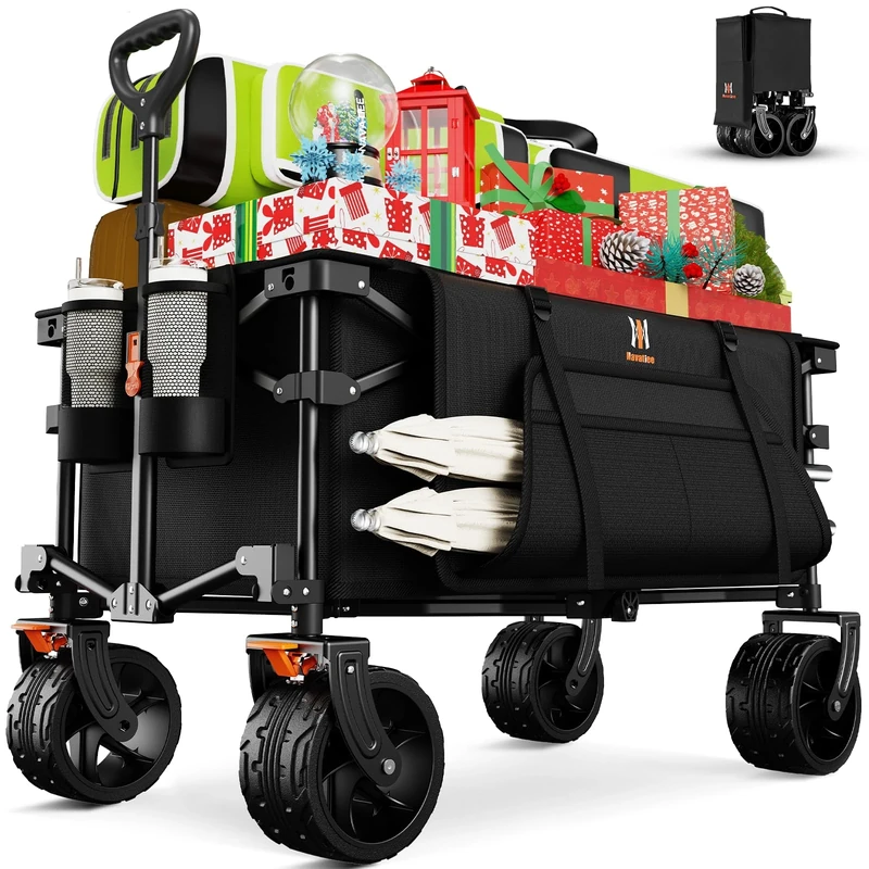 Navatiee Big Wheels Collapsible Wagon Cart Foldable, Heavy Duty Beach Wagon with Silent All-Terrain Wheels, Folding Utility Grocery Cart with Side Pocket and Brakes for Camping Garden Sports, Black