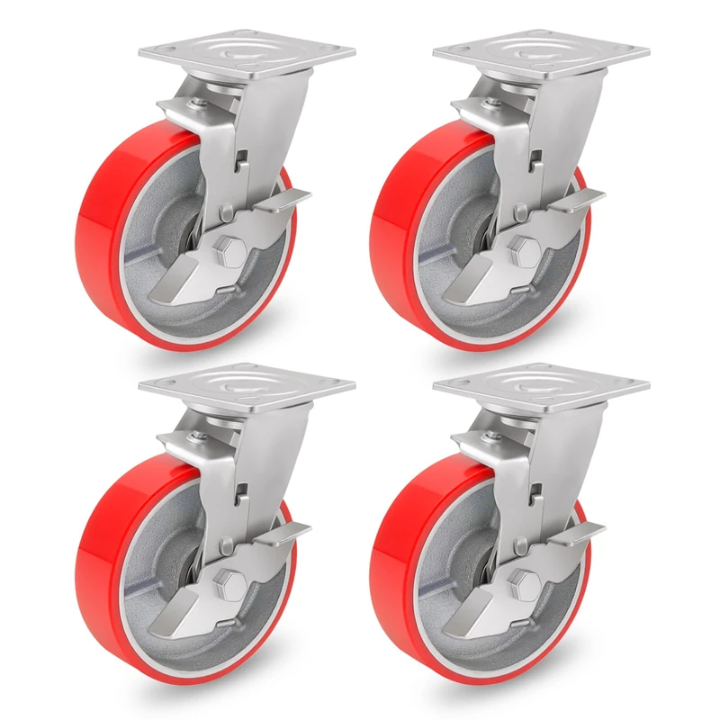 6 Inch Industrial Casters Set of 4 Heavy Duty No Noise Polyurethane Wheel on Steel Hub, 4800 Lbs Load Capacity Swivel Plate Casters for Toolbox Workbench (4 Swivel & Brakes)