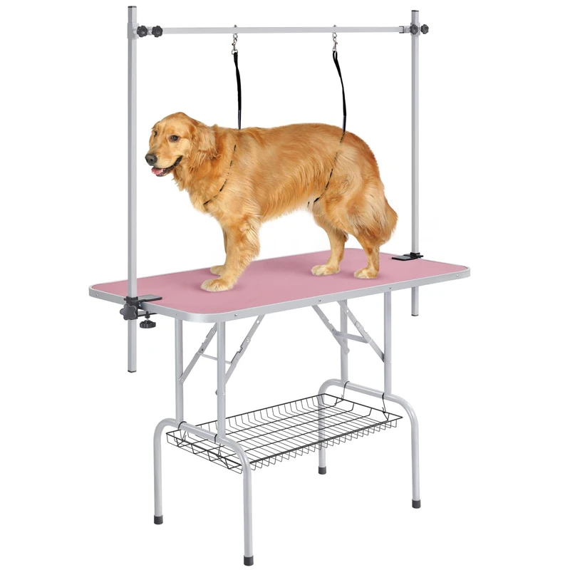 Yaheetech 46" Pet Dog Grooming Table Height Adjustable Dog Beauty Table for Large Dogs/Cats w/Storage Basket/Noose Tools 177cm High Pink