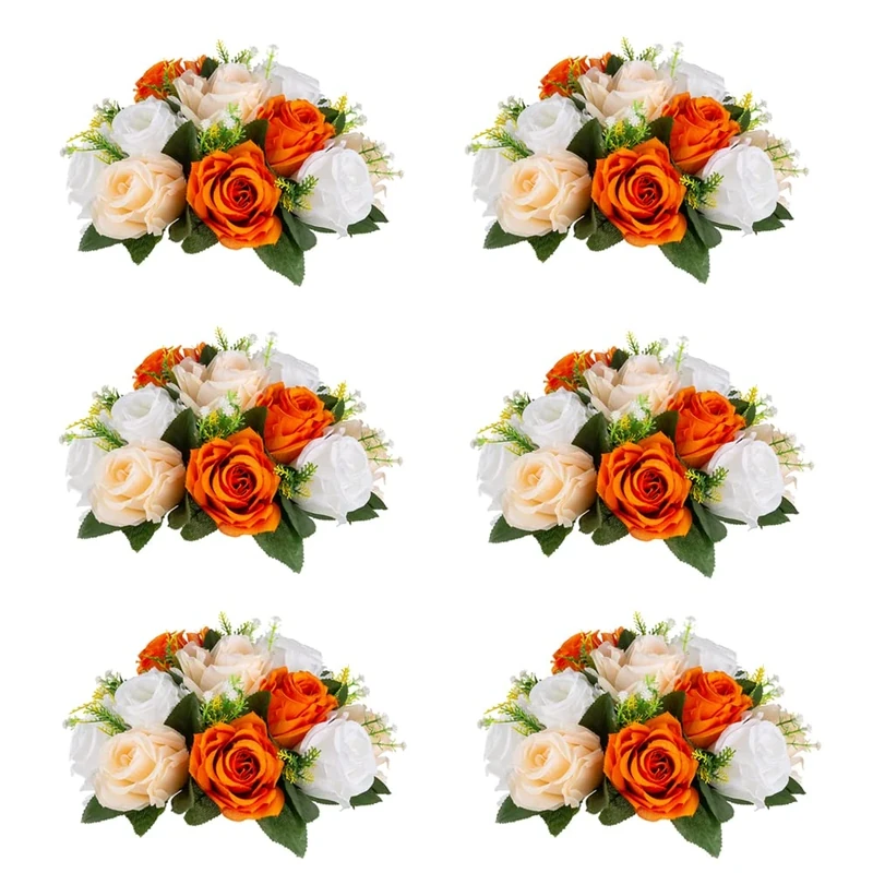 Inweder Flower Balls for Centerpieces - 6 Pcs Rose Artificial Flowers, Orange Kissing Floral Ball, Wedding Bouquets Arrangement for Party, Valentine's Day, Home Decor