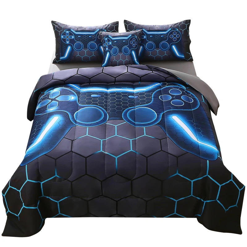 JQinHome Queen Gamer Comforter Set,6 Piece Bed in A Bag 3D Video Game Bedding -All Season Down Alternative Gamer Bedding Sets - (Blue Game Controller)