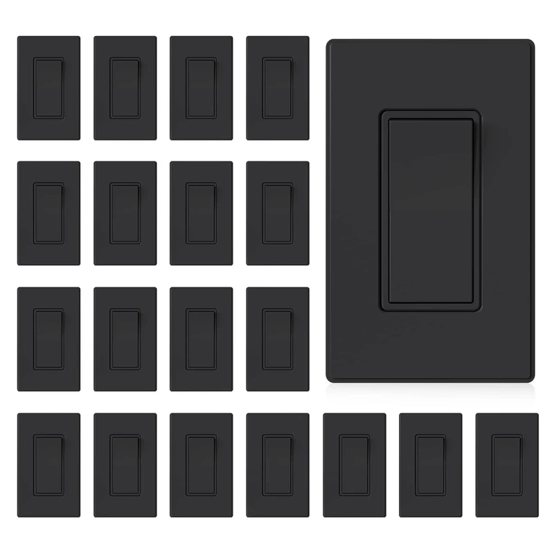 ELEGRP Matte Black Single Pole Decorator Light Switch, 15Amp 120-277V, Paddle Rocker Switch Wall Switch Replacement, Self-Grounding, Residential Grade, w/Wall Plate, UL/CUL (20 Pack)