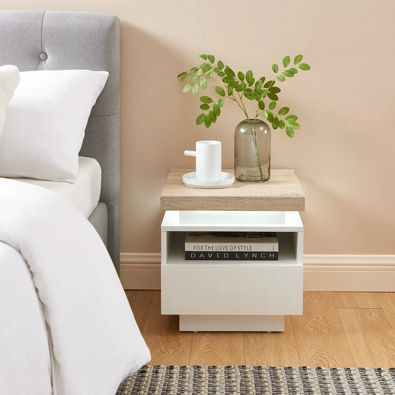 BAÏTA Cosmos LED Bedside Table, White and Oak, L40 cm - Image 1