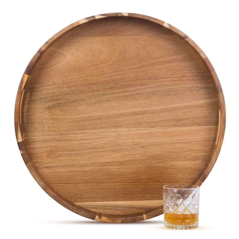 GinSent 22 Inches Extra Large Round Serving Tray with Handles,Oversized Wooden Decorative Ottoman Tray for Living Room,Leakproof Bed Tray for Breakfast Coffee Tea(Acacia)