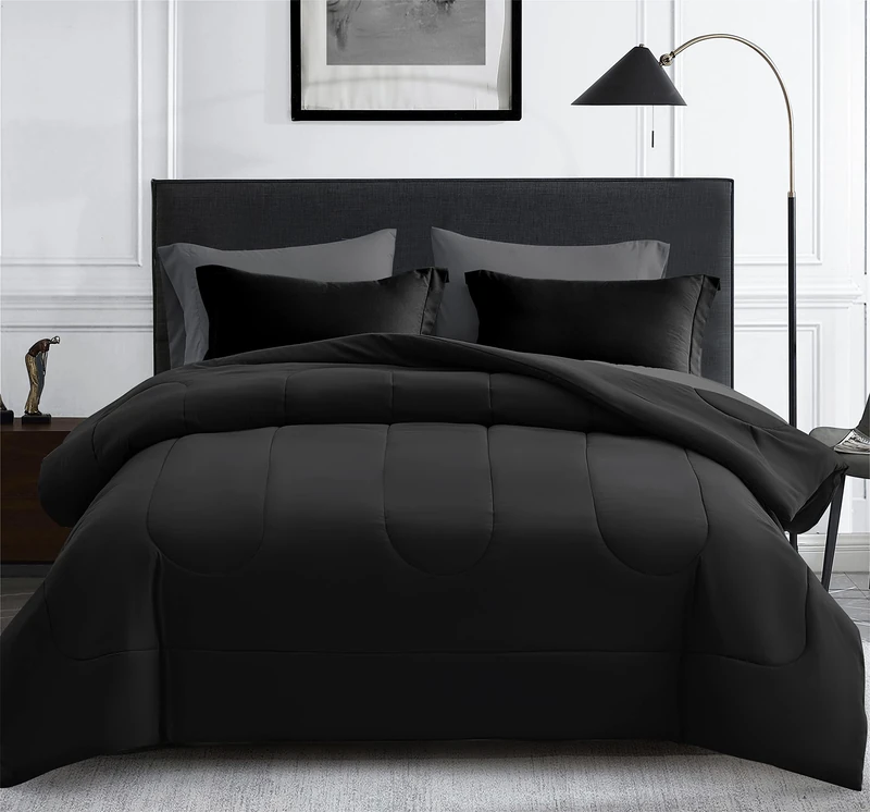 Maple&Stone Queen Comforter Set, 7 Pieces Bed in a Bag Black