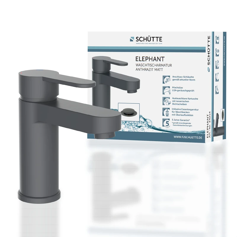 SCHÜTTE Elephant Basin Mixer Tap with Waste Waste Basin Mixer Tap with Pop Up Valve, Bathroom Faucet, Single Lever Mixer Tap for Bathroom, Bathroom Faucet 34214, Anthracite
