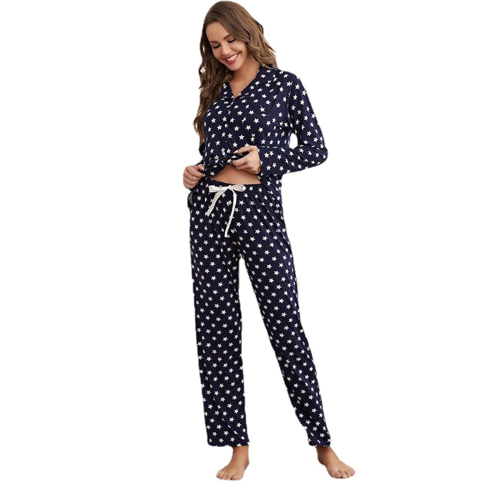 Loungewear Women's Pajama Sets Star Print Long Sleeve Sleepwear Nightwear Soft Pjs Lounge Sets Comfy T-shirt and Pants,Blue,L(70kg/175cm)