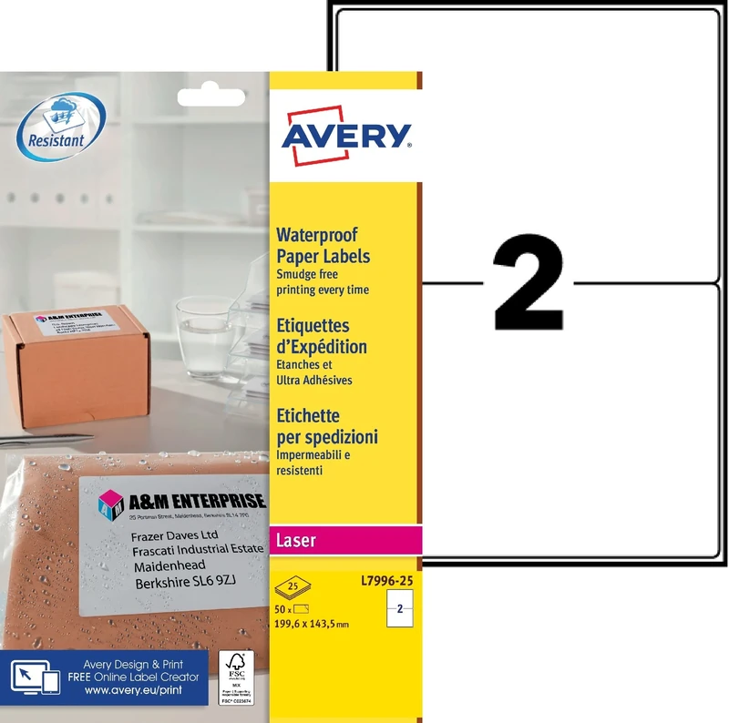 Avery Printable, Customisable Weatherproof/Waterproof, Parcel Mailing Labels, Laser Printers, L7996-25, White, 2 Per A4 Sheet.