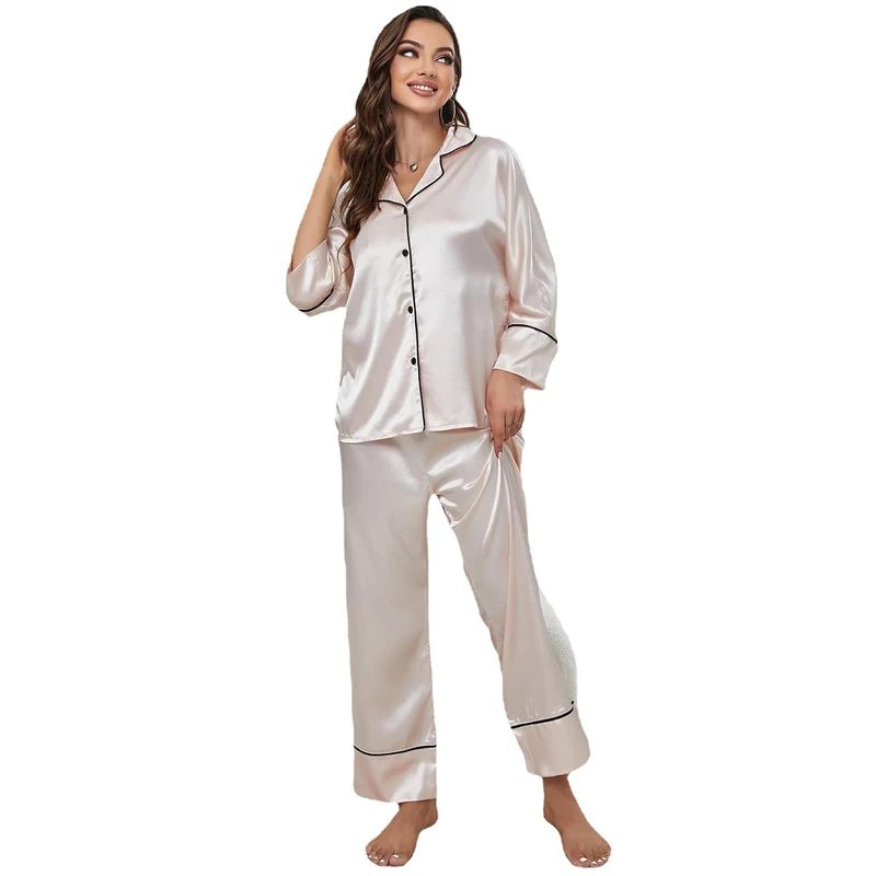 Pajamas Womens Satin Pajama Sets Sleepwear Lounge Set Silk Loungewear Sweatsuit Pjs Nightwear Button DownTop Soft,Beige,L(70kg/175cm)