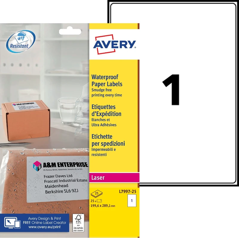 Avery Printable, Customisable Weatherproof/Waterproof, Parcel Mailing Labels, Laser Printers, L7997-25, White, 1 Per A4 Sheet.