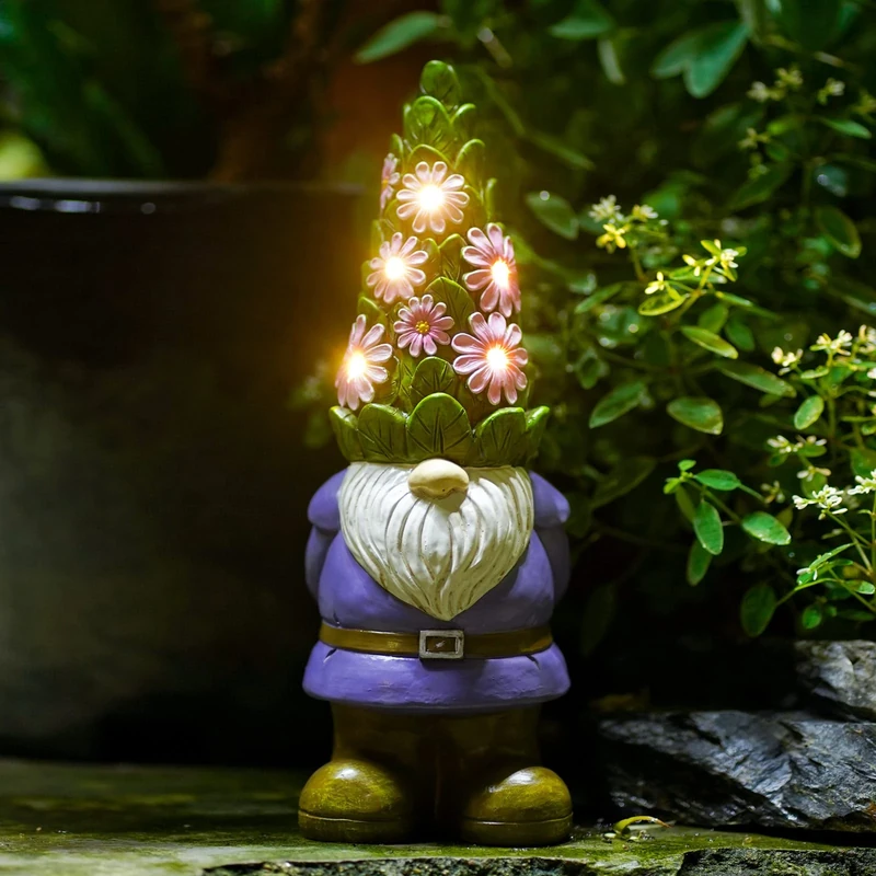 Goodeco Solar Garden Gnome Ornaments Figurines, 29CM Funny Outdoor Weatherproof Decorations with Flowers LED Lights for Patio Lawn Garden, Gifts