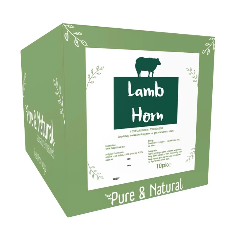 Pure & Natural Lamb Horns for Dogs - Natural Dog Chews Long Lasting, Low Fat & Hypoallergenic Ram Horn Large Dog Treats - Pack of 10