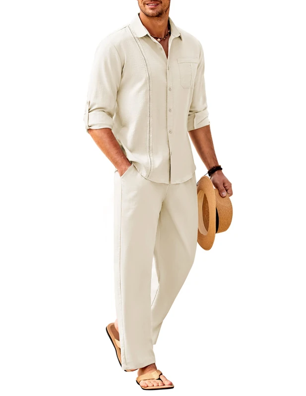 COOFANDY Mens Linen Sets 2 Piece Long Sleeve Button Down Cuban Shirt and Pants Set Summer Beach Set Outfits, Beige, X-Large