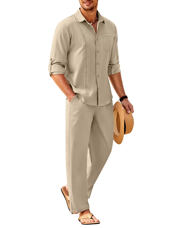 COOFANDY Men's 2 Piece Linen Sets Casual Long Sleeve Button Down Cuban Shirt and Loose Pants Set Beach Vacation Outfits, Khaki, 4XL