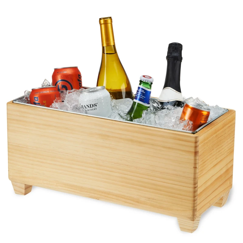 Twine Ice Bucket Wood and Galvanized Metal Tub - Wooden Wine Bucket And Beer Chiller - Holds 4 Wine Bottles or 5.4 Gallons Set of 1,Brown