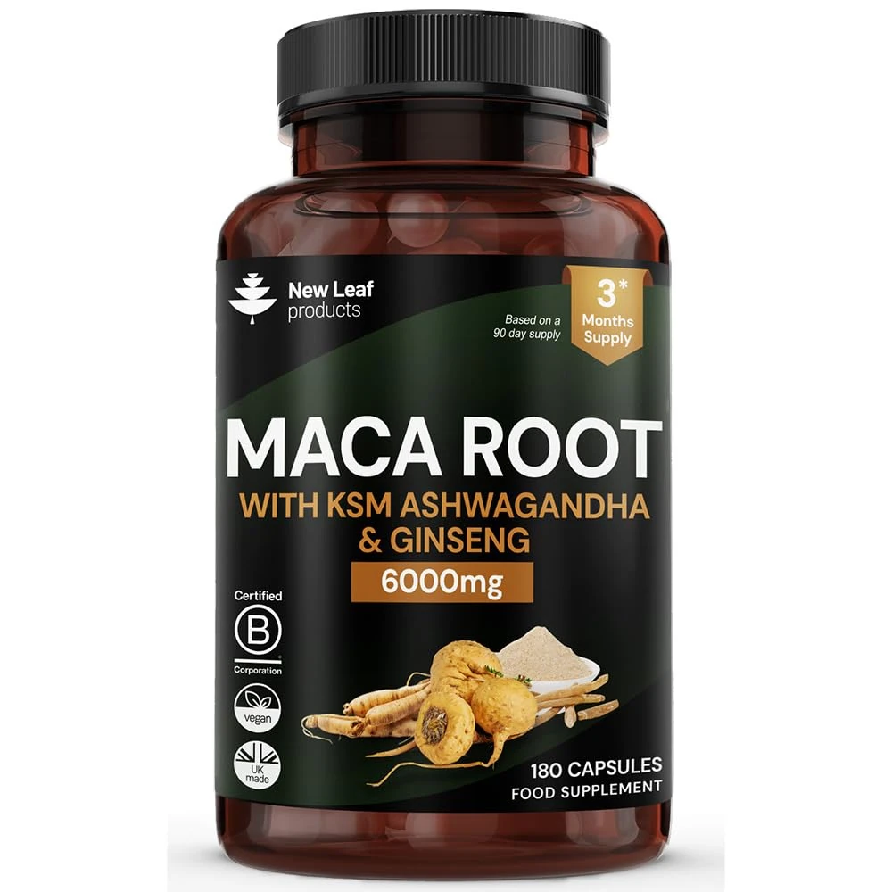 Maca Root Capsules with KSM Ashwagandha and Ginseng - 180 High Strength 6000mg Maca Root + Ashwagandha KSM-66, Panax Ginseng & Black Pepper - Vegan Capsules Made in The UK