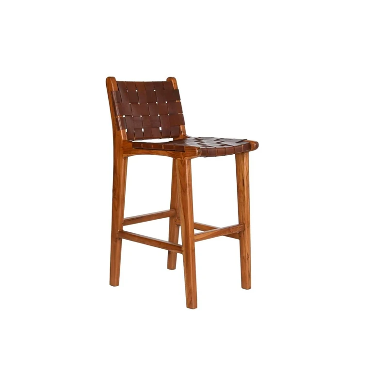 DKD Home Decor Stool - Brown Leather and Teak Wood