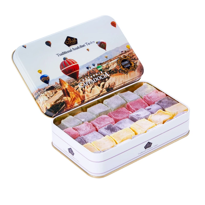Cerez Pazari Turkish Delight Candy Gift Basket 320g, Luxury Lokum Dessert, Gourmet Christmas Holiday Corporate Food Gifts in Elegant Tin Box, With 5 Unique Flavors, No Nuts