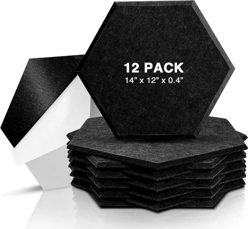 Sonic Acoustics Self-adhesive 12 Pack Hexagon Acoustic Panels, 14" X 12" X 0.4" High Density Sound Absorbing Panels Sound proof Insulation Beveled Edge Studio Treatment Tiles (Black)