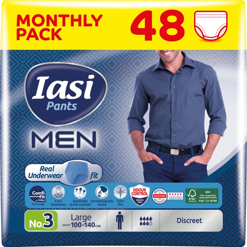 48 x Blue Incontinence Pants Men, Diapers for Men, Pull-Ups Pants, Soft-Stretch Waistband, Super Thin & Discreet and Highly Absorbent, Size Large