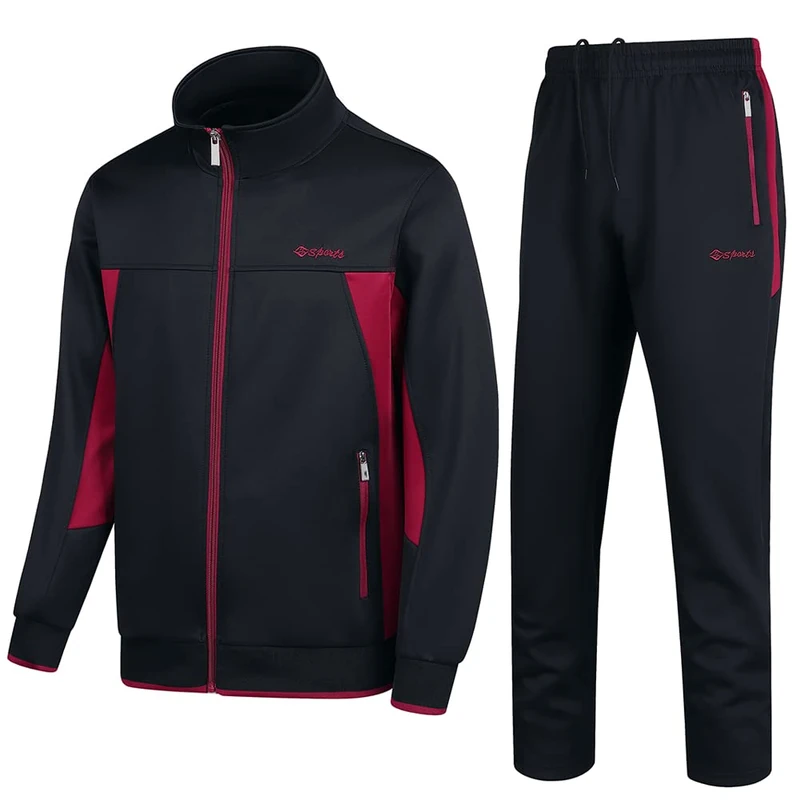 PUMPITU Men's Casual Athletic Tracksuit Long Sleeve Sweatsuit Set Full Zip Running Sports Jacket and Pants 2 Piece Outfits, Black+red, XX-L