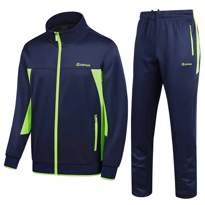 PUMPITU Men's Casual Athletic Tracksuit Long Sleeve Sweatsuit Set Full Zip Running Sports Jacket and Pants 2 Piece Outfits, Navy+green, X-Large