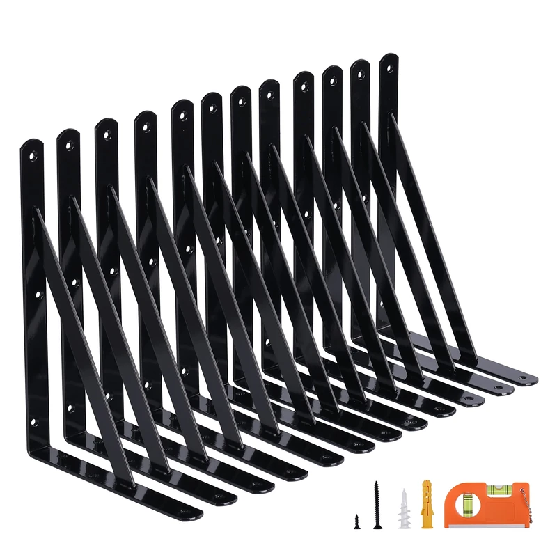 NEODROP 12-Pack 12 Inch Heavy Duty Shelf Brackets, Large Wall Bracket for Floating Storage Shelves, Black Powder-Coated Steel