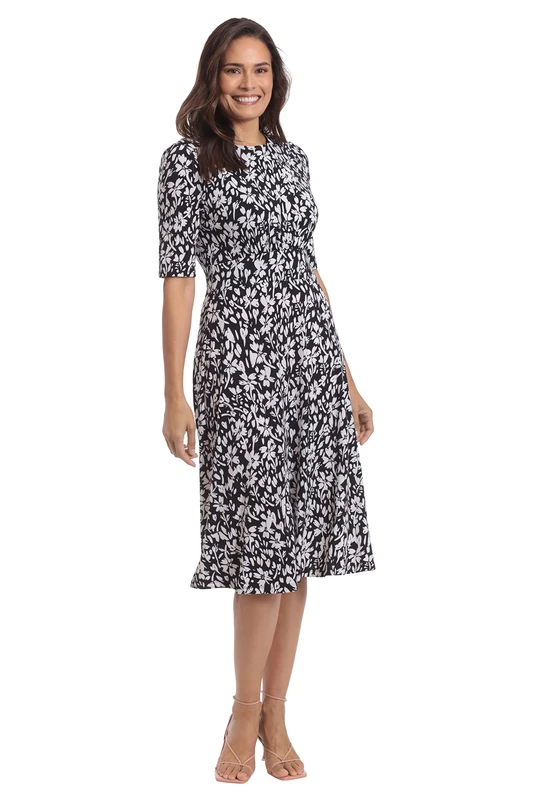 London Times Women's Printed Matte Jersey A-line Midi Dress, Black/Sugar Swizzle, 16