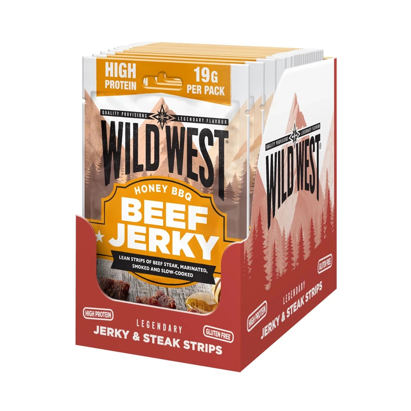 Wild West Honey BBQ Beef Jerky 12 × 60g – High Protein Gluten Free Snack – No Added MSG – Ideal for Gym, Travel, Hiking & Everyday Energy