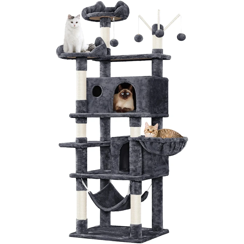 Yaheetech Cat Tree for Indoor Pets, Large Cat Tower Pet Scratching Post Multi-Level Kitten Condo Play House Climbing Tree with 3 Removable Kiten Teaser Sticks, Hammock, Basket, Pet Furniture Dark Grey